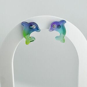 Vintage Lucite Rainbow Dolphin Stud Earrings Playful Whimsical Retro 60s Marine